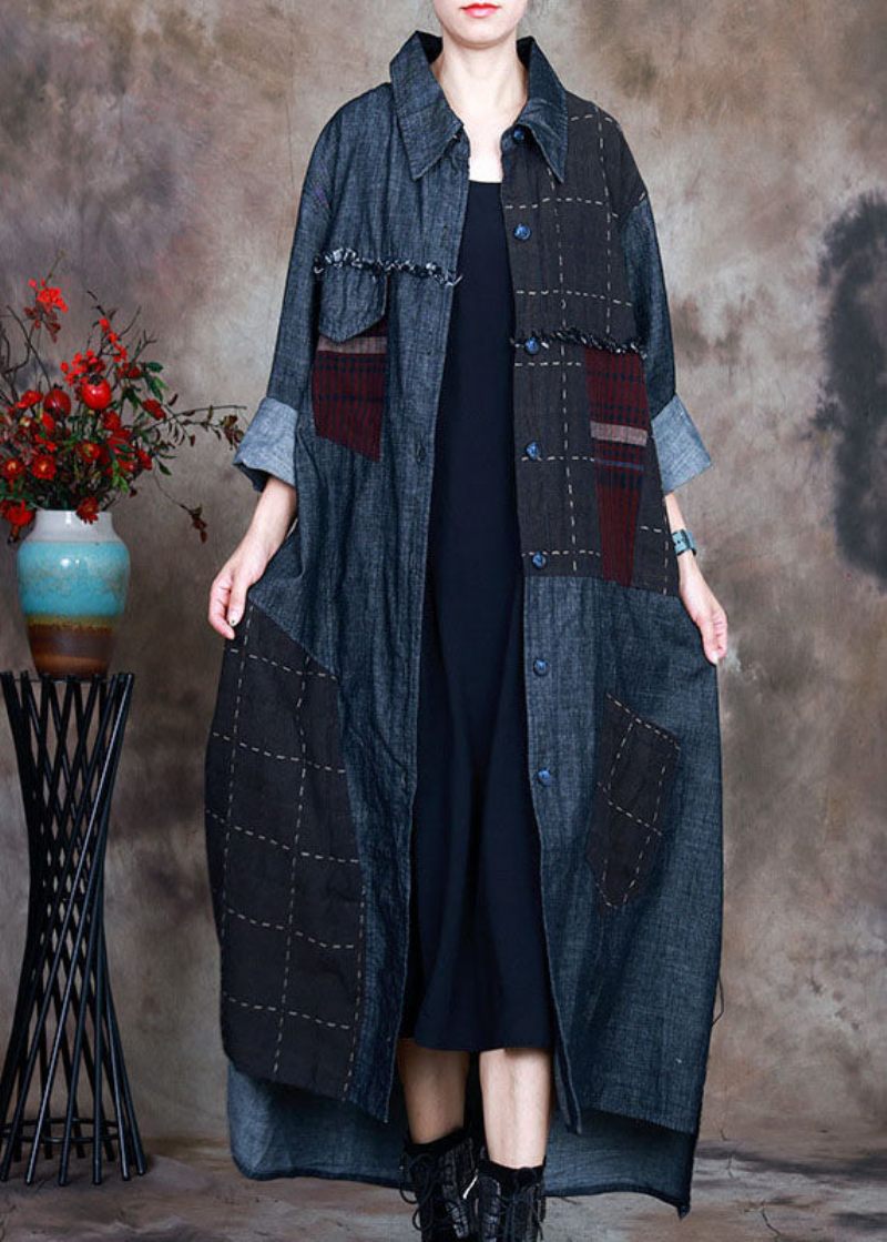 Fashion Blue Peterpan Krave Plaid Patchwork Denim Vinterfrakke - Dame trenchcoats