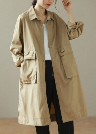 Fashion Khaki Peter Pan Krave Mid Trench Coats Langærmet