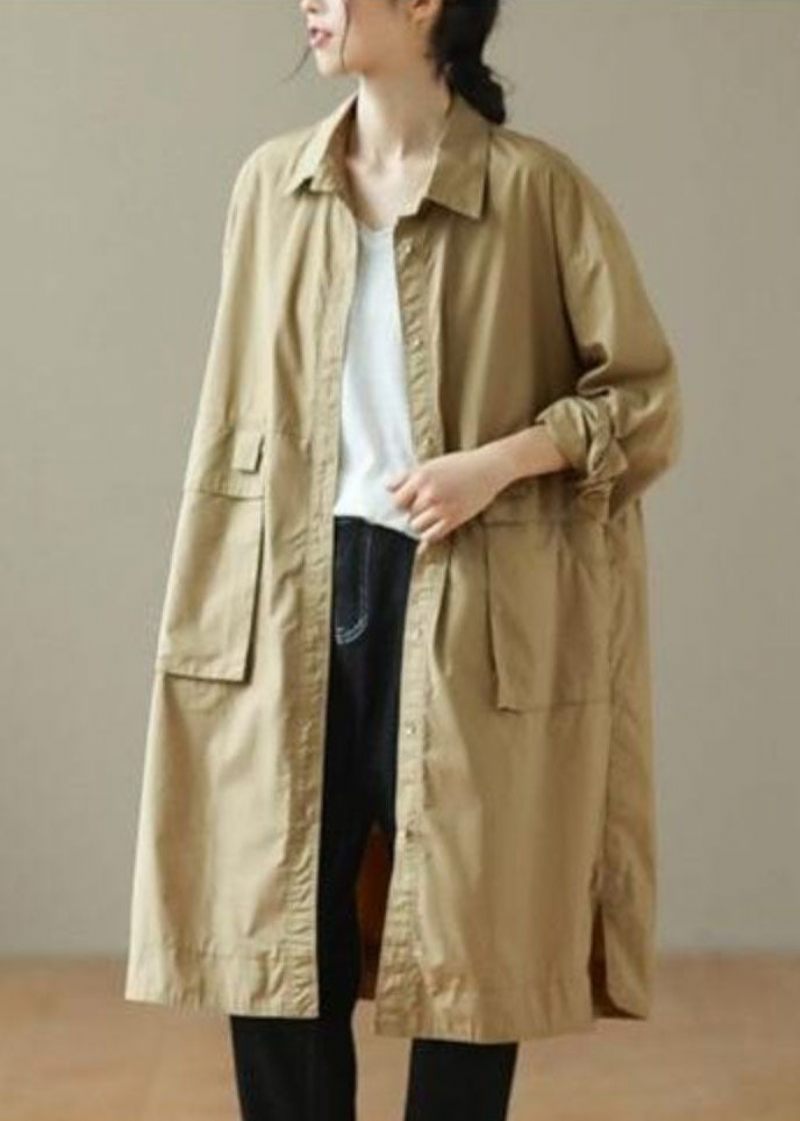 Fashion Khaki Peter Pan Krave Mid Trench Coats Langærmet - Khaki