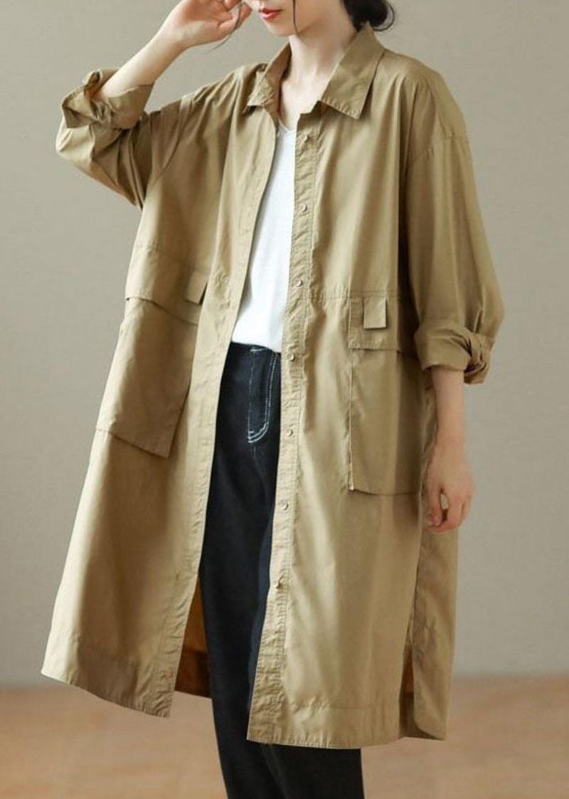 Fashion Khaki Peter Pan Krave Mid Trench Coats Langærmet - Khaki