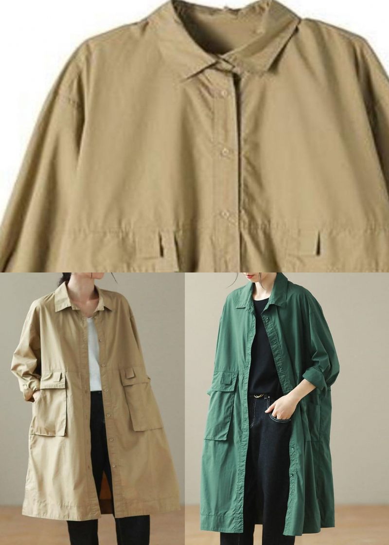 Fashion Khaki Peter Pan Krave Mid Trench Coats Langærmet - Khaki