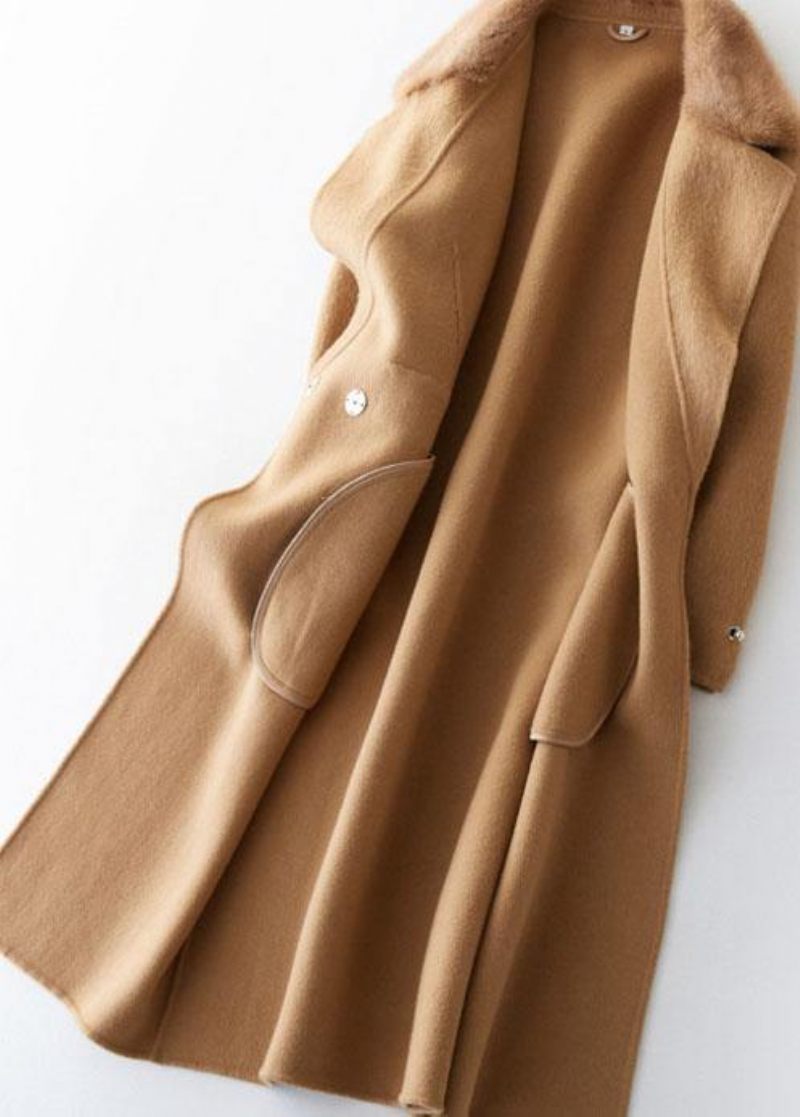 Fashion Khaki Uld Frakker Afslappet Vinterfrakke Pelskrave Jakker Binde Taljen - Dame trenchcoats