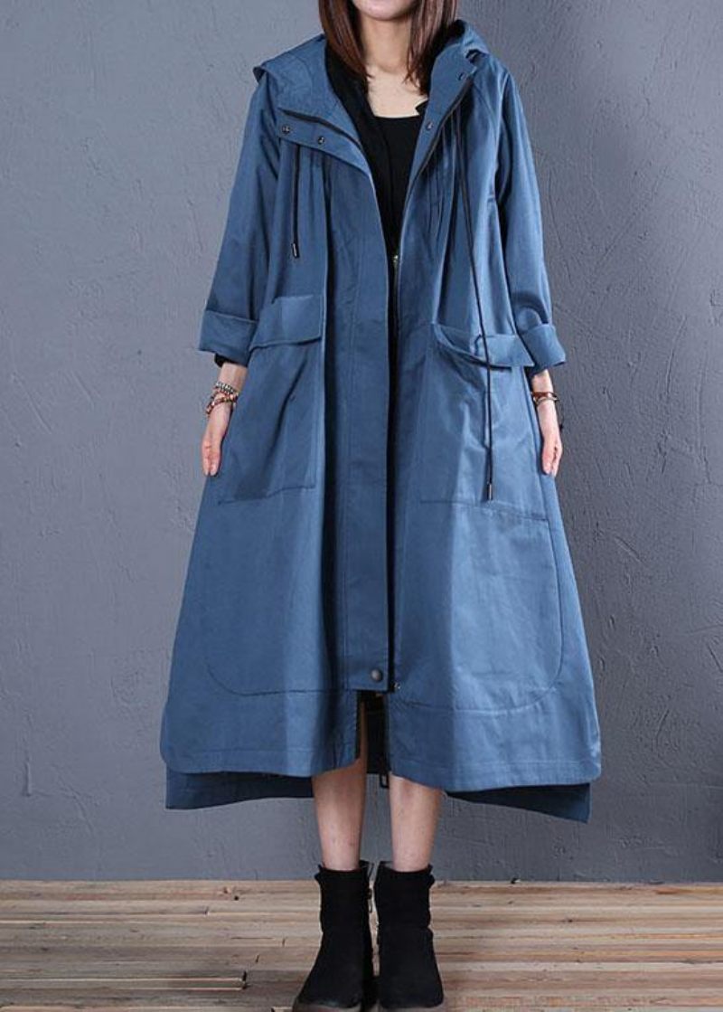 Fashion Plus Size Efterår Blå Hættefrakker Lav Høj Design Overfrakke - Dame trenchcoats