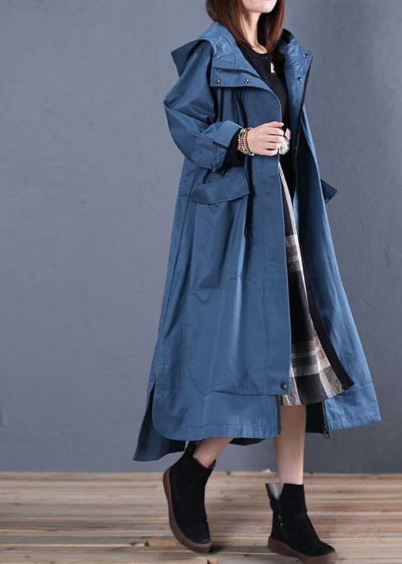 Fashion Plus Size Efterår Blå Hættefrakker Lav Høj Design Overfrakke - Dame trenchcoats