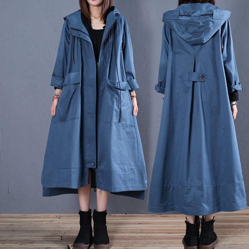 Fashion Plus Size Efterår Blå Hættefrakker Lav Høj Design Overfrakke - Dame trenchcoats