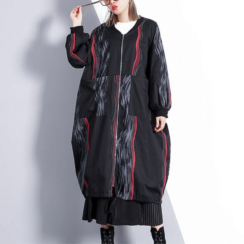 Fashion Sort Print Frakke Oversized Stand Krave Cardigans Elegant Cinched Baggy Frakker