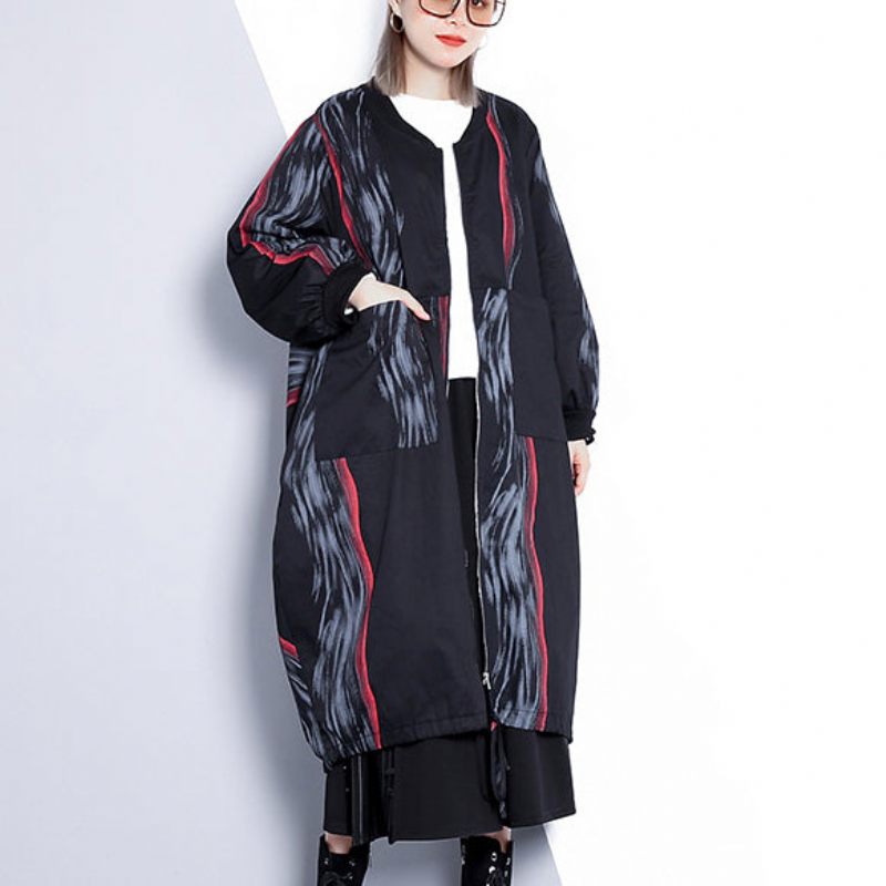 Fashion Sort Print Frakke Oversized Stand Krave Cardigans Elegant Cinched Baggy Frakker - Grøn