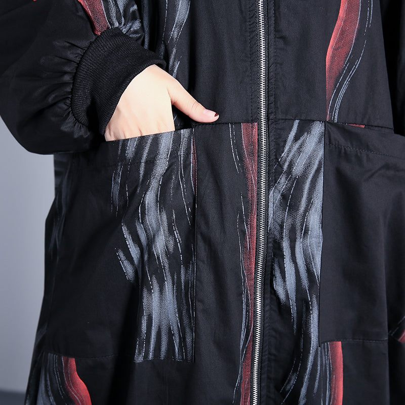 Fashion Sort Print Frakke Oversized Stand Krave Cardigans Elegant Cinched Baggy Frakker - Grøn