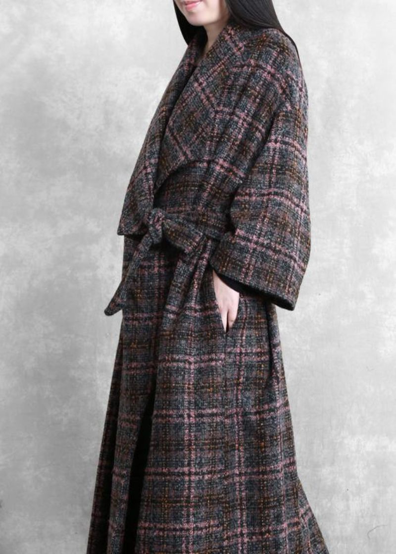 Fashion Trendy Plus Size Kvinder Frakker Grå Plaid Slips Talje Lommer Uld Frakke - Dame trenchcoats