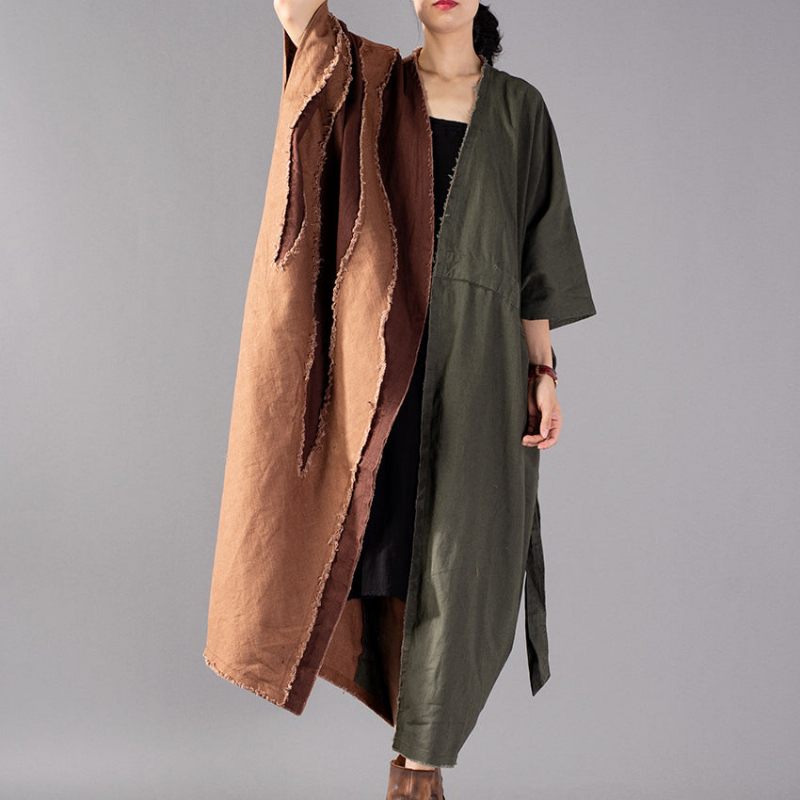 Fin Armygrøn Frakke Oversize Patchwork Trenchcoat Modejakker Med Snoretræk - Dame trenchcoats