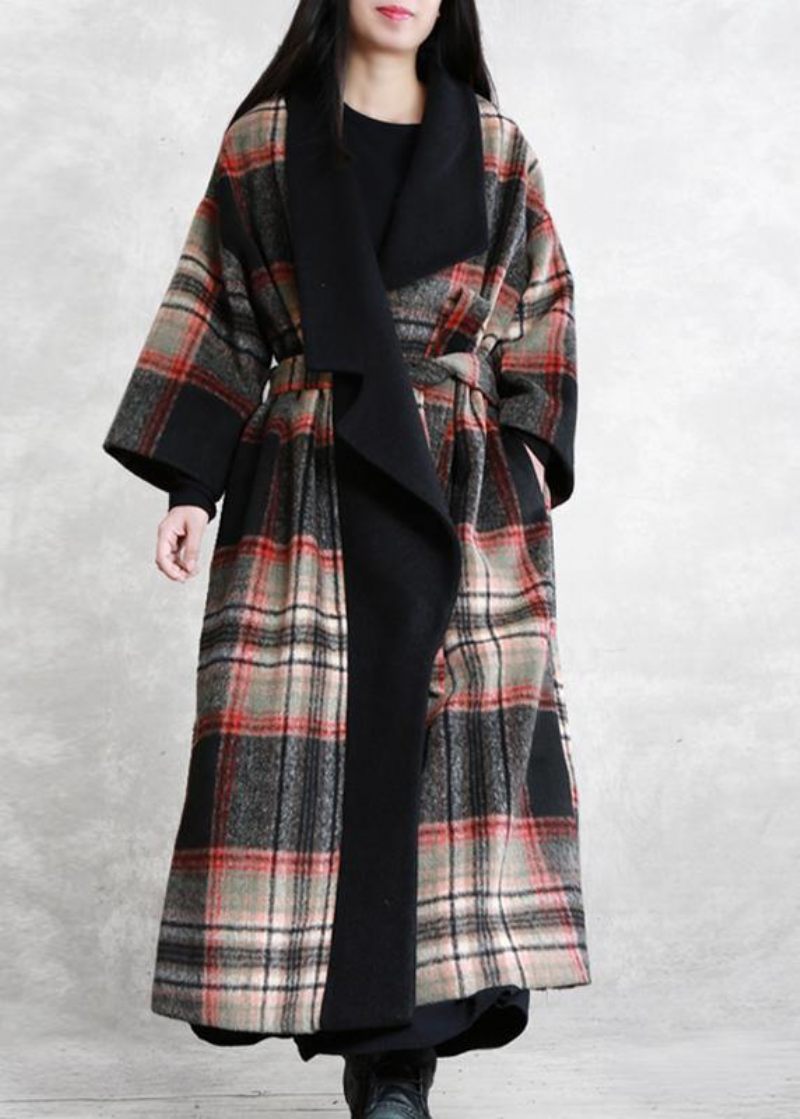 Fin Løstsiddende Maxi Frakke Rød Plaid Med Kærv Bindebånd I Taljen Woolen Coat Dame - Dame trenchcoats