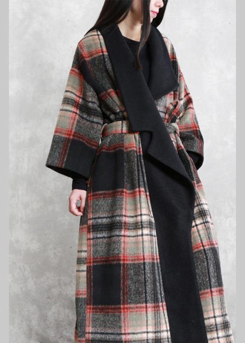 Fin Løstsiddende Maxi Frakke Rød Plaid Med Kærv Bindebånd I Taljen Woolen Coat Dame - Dame trenchcoats