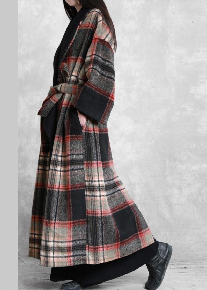 Fin Løstsiddende Maxi Frakke Rød Plaid Med Kærv Bindebånd I Taljen Woolen Coat Dame - Dame trenchcoats