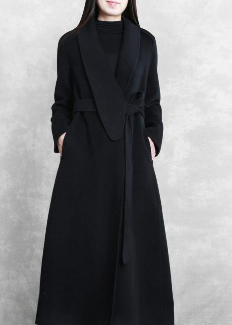 Fin Løstsiddende Maxi Frakke Ulden Outwear Sort Slips Talje Lommer Overfrakke - Dame trenchcoats