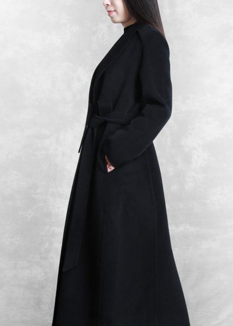 Fin Løstsiddende Maxi Frakke Ulden Outwear Sort Slips Talje Lommer Overfrakke - Dame trenchcoats