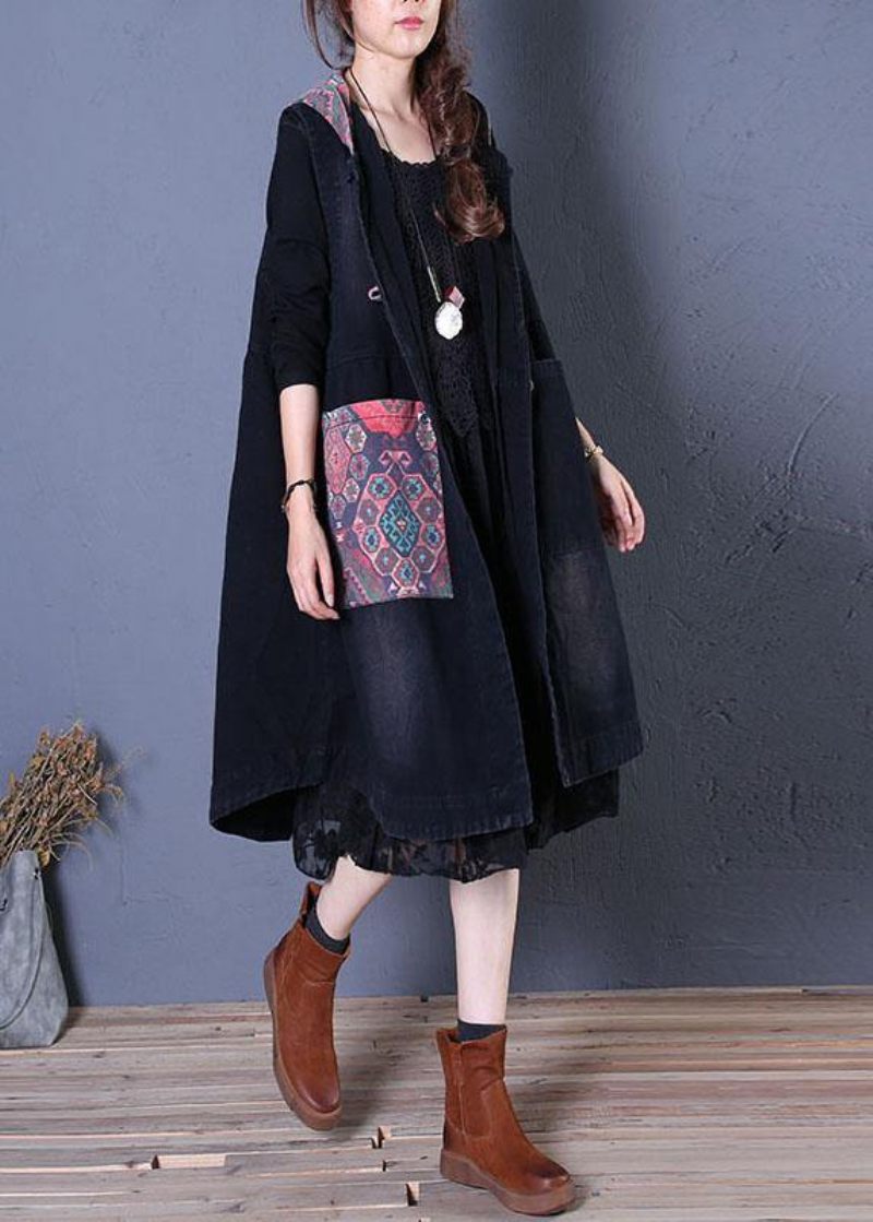 Fin Oversized Maxi Frakke Efterårs Sorte Patchwork Hættefrakker - Dame trenchcoats