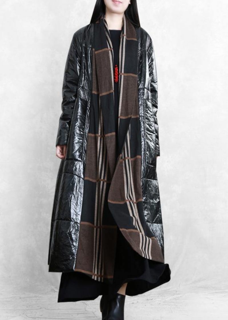 Fin Oversized Vinterfrakke Sort Patchwork Stribede Lommer Uldfrakke - Dame trenchcoats