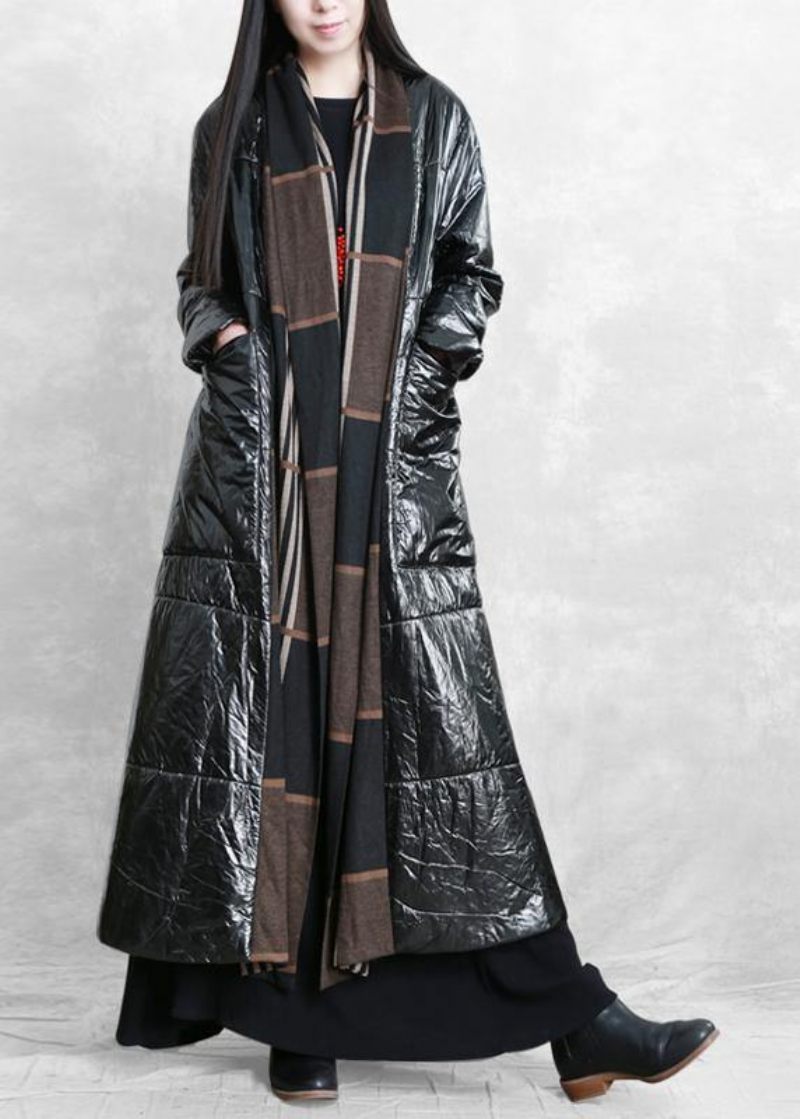 Fin Oversized Vinterfrakke Sort Patchwork Stribede Lommer Uldfrakke - Dame trenchcoats