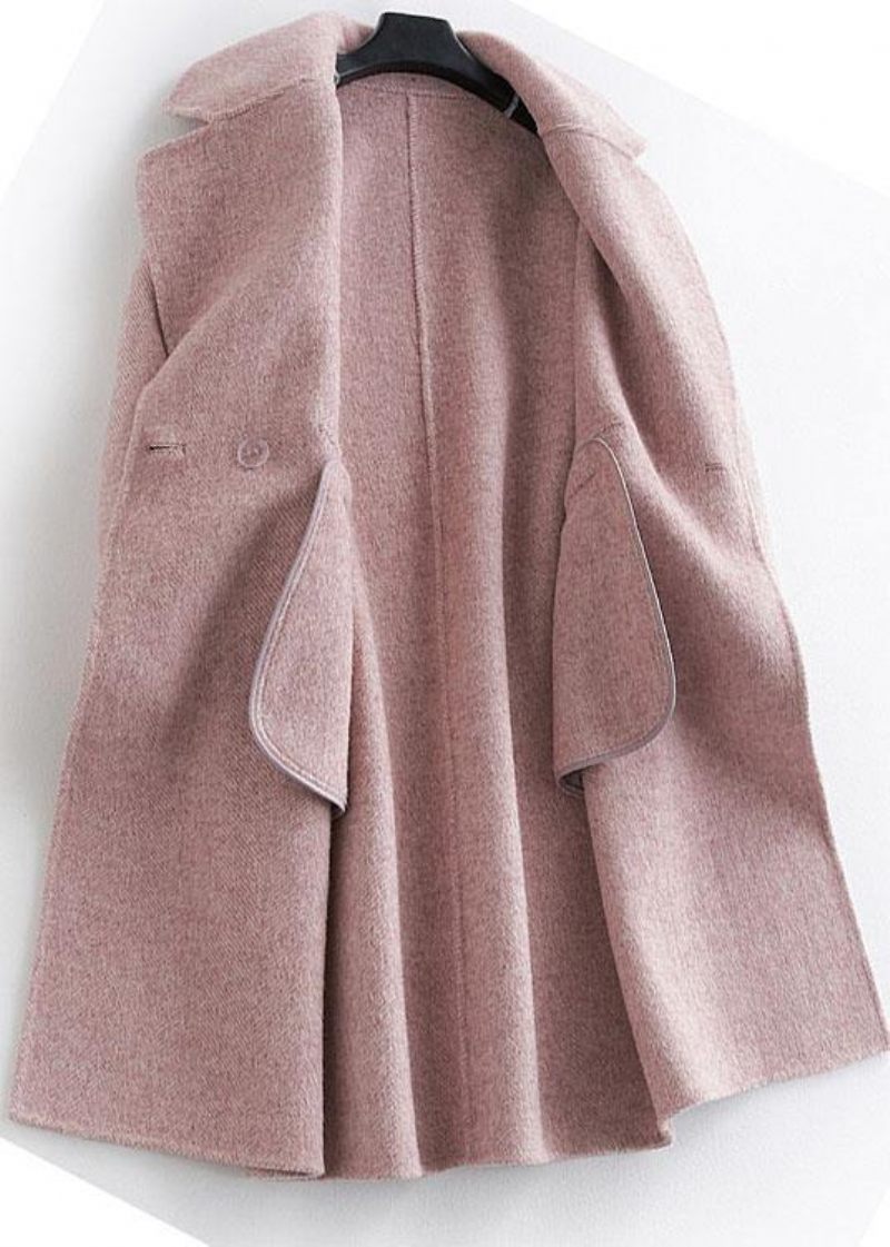 Fin Pink Ulden Kappefrakke Kvinder Oversize Mellemlange Lommer Frakker - Dame trenchcoats