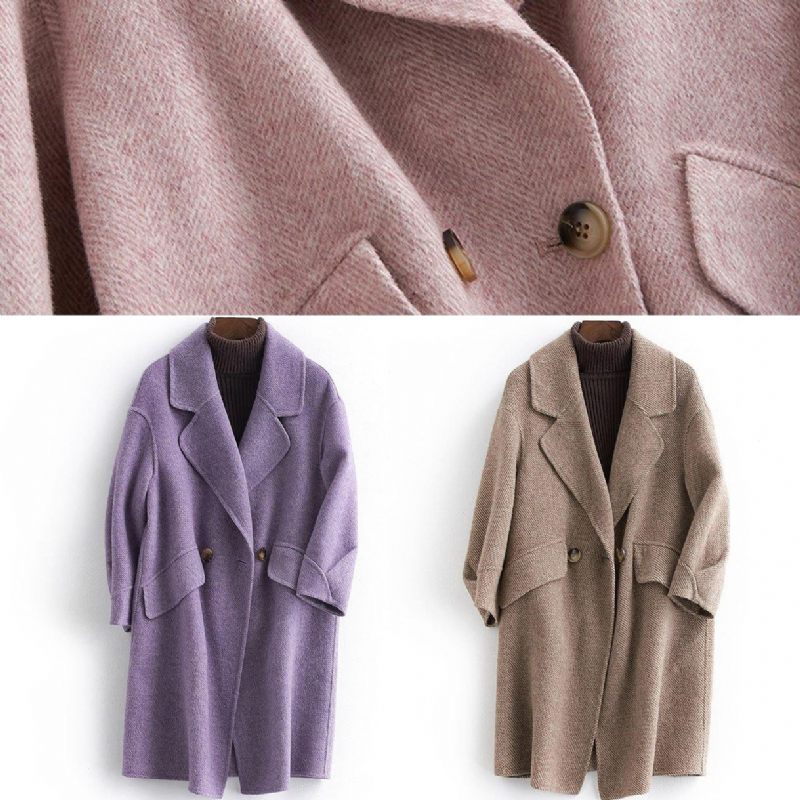 Fin Pink Ulden Kappefrakke Kvinder Oversize Mellemlange Lommer Frakker - Dame trenchcoats