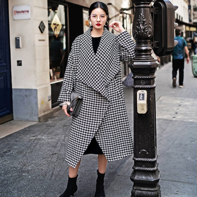 Fin Sort Hvid Plaid Vinterfrakke Oversize Lommer Lang Frakke Fin Notched Trenchcoat - Dame trenchcoats