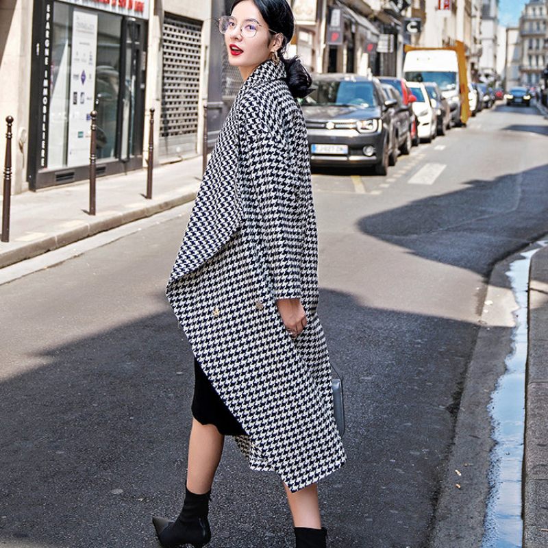 Fin Sort Hvid Plaid Vinterfrakke Oversize Lommer Lang Frakke Fin Notched Trenchcoat - Dame trenchcoats