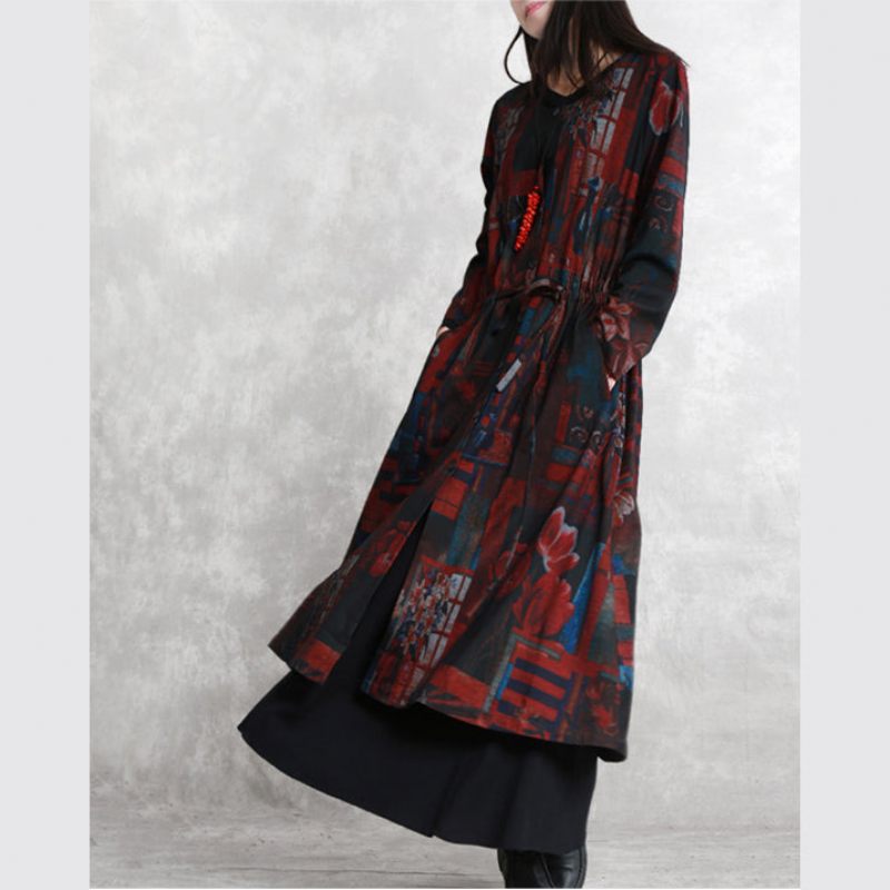 Fine Bordeaux-print Frakker Oversized O-hals Bindebånd Talje Outwear Elegante Langærmede Lommer Kjoler - Dame trenchcoats