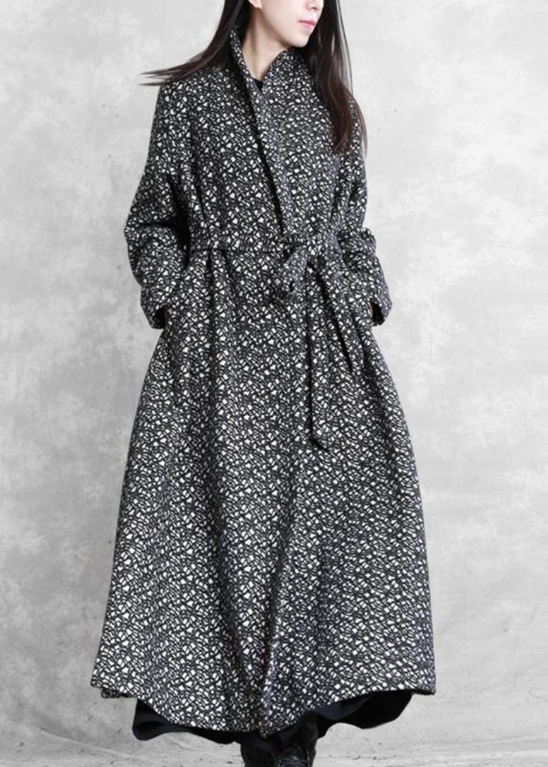 Fine Oversize Lange Jakker Outwear Sort Plaid V-hals Binde Talje Uld Frakke - Dame trenchcoats