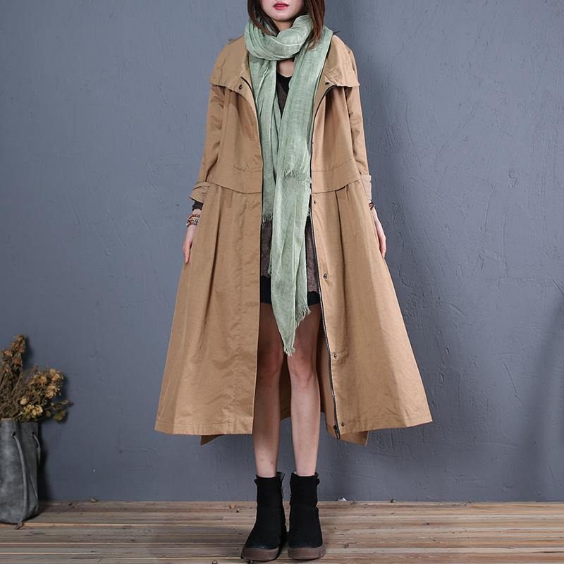 Fine Plus Size Lange Frakker Efterår Outwear Khaki Side Åben - Dame trenchcoats