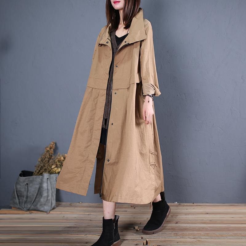 Fine Plus Size Lange Frakker Efterår Outwear Khaki Side Åben - Dame trenchcoats