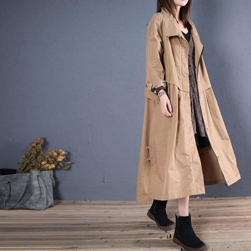 Fine Plus Size Lange Frakker Efterår Outwear Khaki Side Åben - Dame trenchcoats