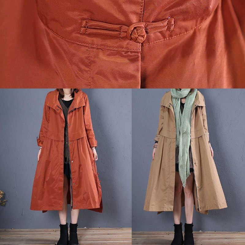 Fine Plus Size Lange Frakker Efterår Outwear Khaki Side Åben - Dame trenchcoats