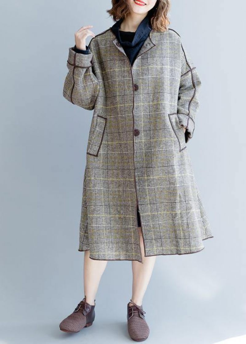 Fine Plus Size Mellemlange Frakker Vinter Ulden Outwear Plaid Lommer Overfrakke - Dame trenchcoats