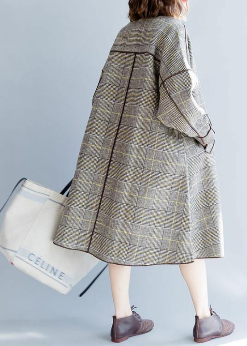 Fine Plus Size Mellemlange Frakker Vinter Ulden Outwear Plaid Lommer Overfrakke - Dame trenchcoats