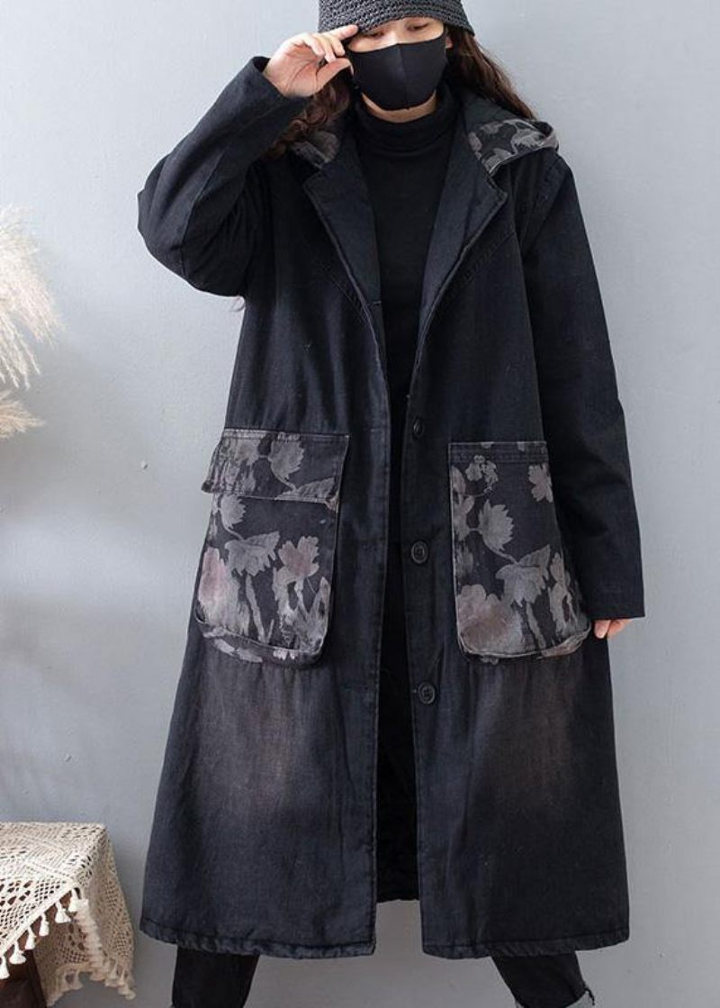 Fine Plus Size Tøj Frakker Denim Sorte Hættelommer Outwear - Dame trenchcoats