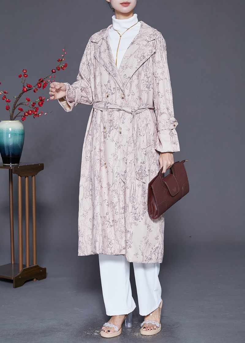 Fint Beige Print Dobbeltbryst Bomuld Trenchcoat Efterår - Dame trenchcoats