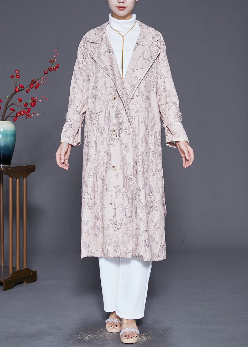 Fint Beige Print Dobbeltbryst Bomuld Trenchcoat Efterår - Dame trenchcoats