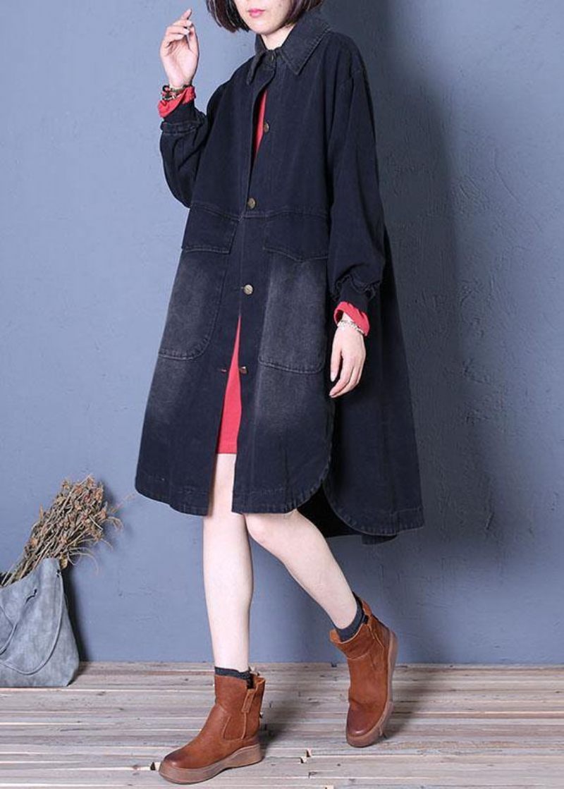 Fint Fald Denim Sort Revers Store Lommer Frakke - Dame trenchcoats