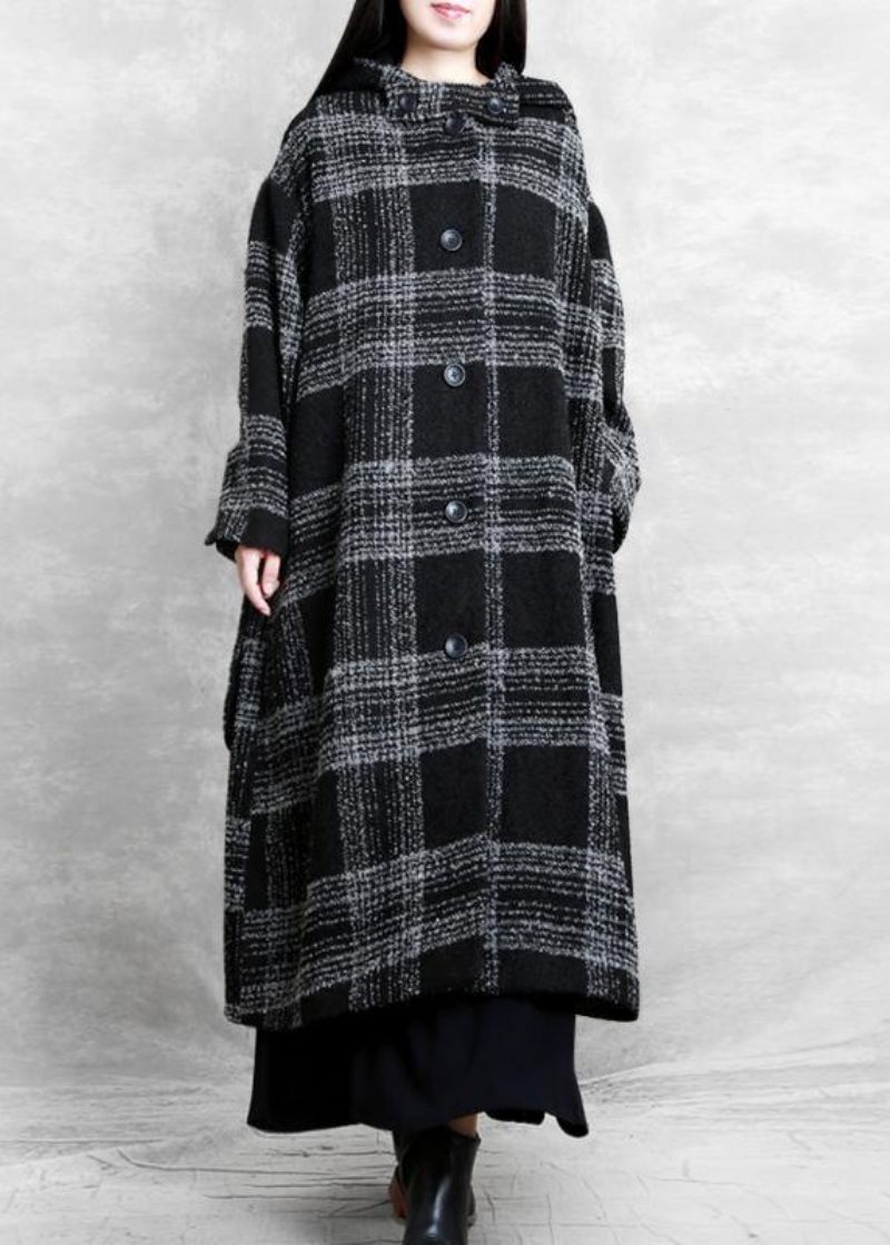 Fint Plus Size Tøj Vinterfrakke Outwear Sort Plaid Hætte Patchwork Woolen Coats