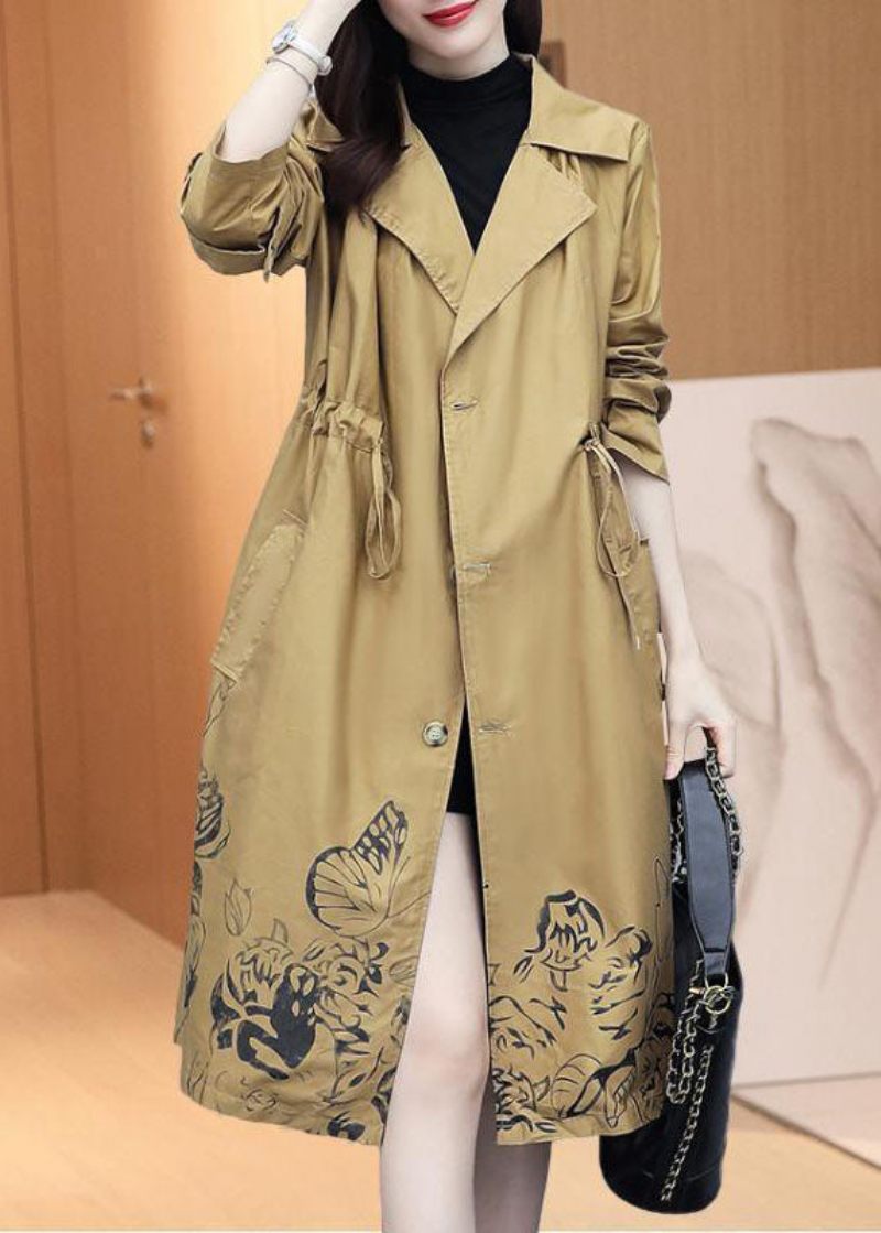 Fornem Khaki Notched Print Trench Coats Med Snoretræk Efterår