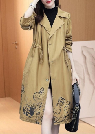 Fornem Khaki Notched Print Trench Coats Med Snoretræk Efterår