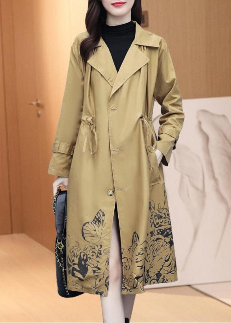 Fornem Khaki Notched Print Trench Coats Med Snoretræk Efterår - Dame trenchcoats