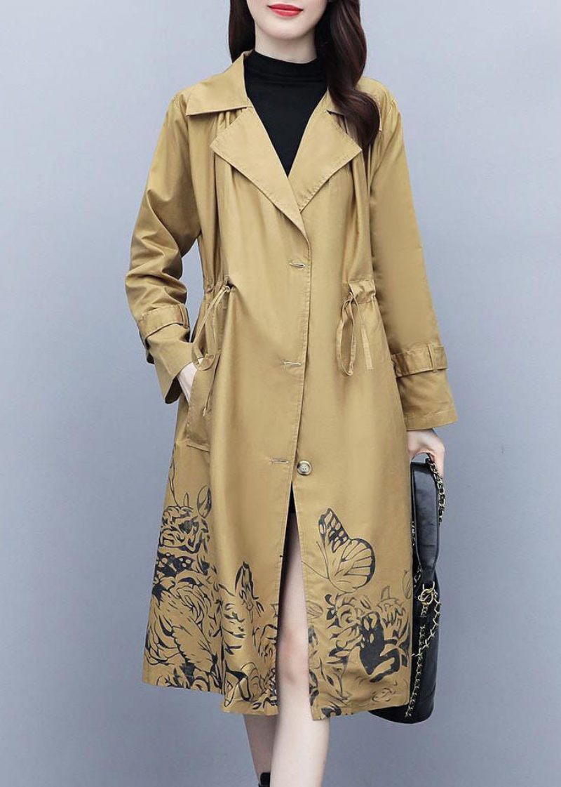 Fornem Khaki Notched Print Trench Coats Med Snoretræk Efterår - Dame trenchcoats