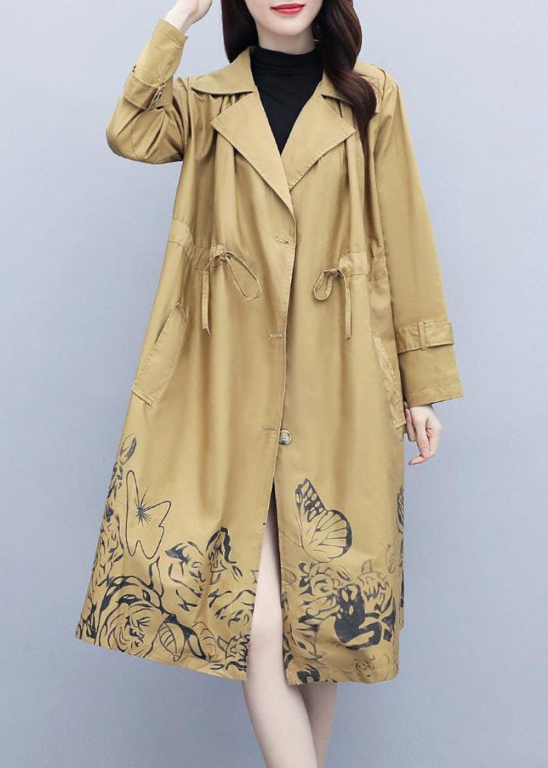 Fornem Khaki Notched Print Trench Coats Med Snoretræk Efterår - Dame trenchcoats