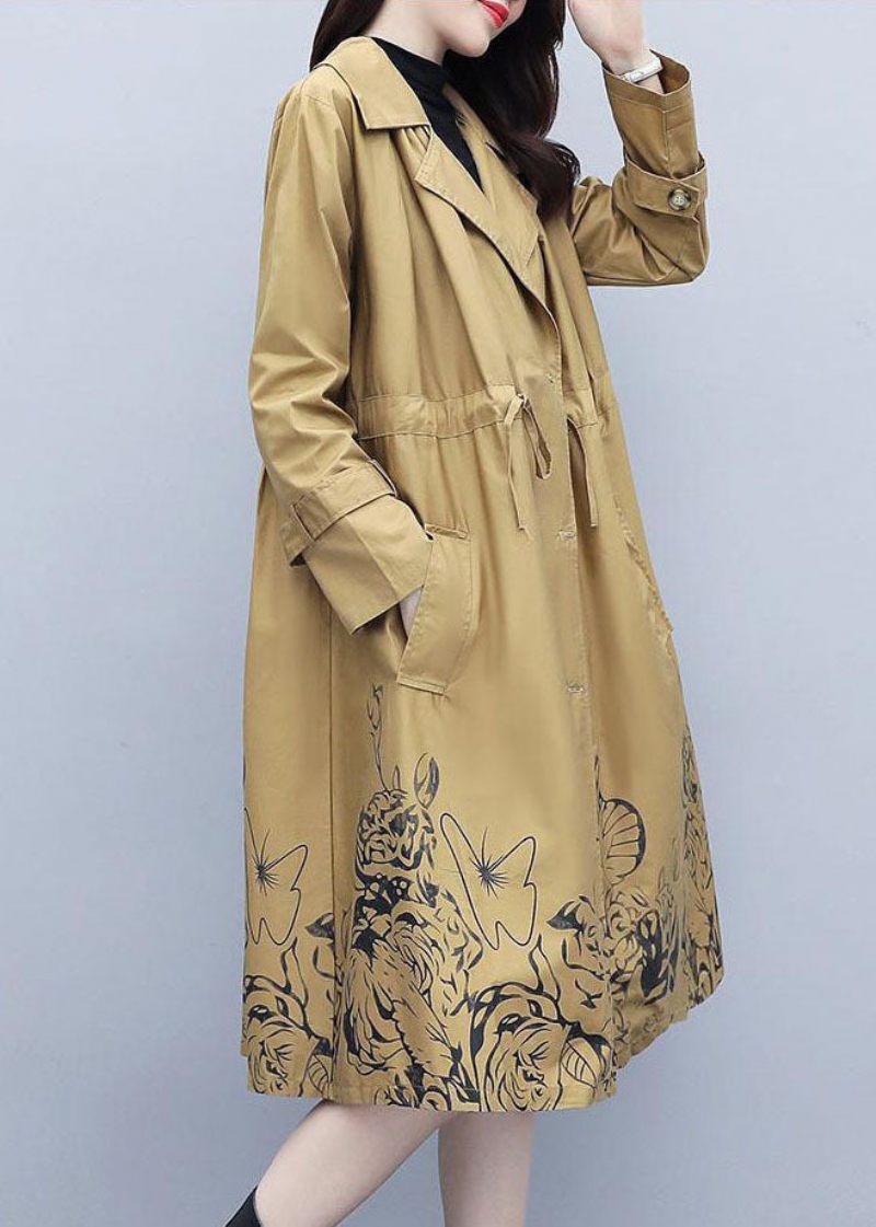 Fornem Khaki Notched Print Trench Coats Med Snoretræk Efterår - Dame trenchcoats