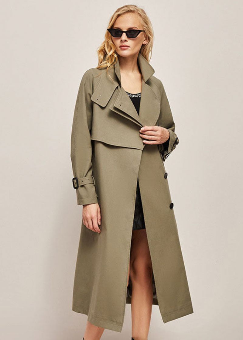 Fransk Army Green Stand Krave Knap Bomuld Cinch Coat Outwear Spring - Dame trenchcoats