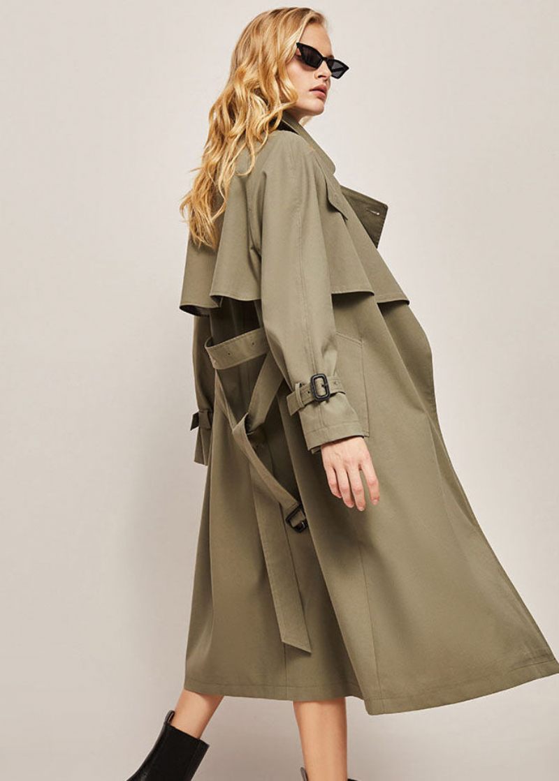 Fransk Army Green Stand Krave Knap Bomuld Cinch Coat Outwear Spring - Dame trenchcoats