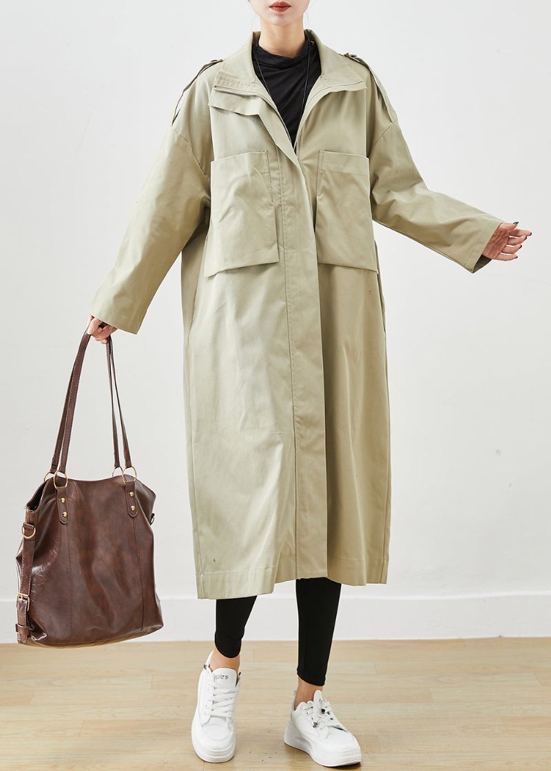 Fransk Beige Oversized Store Lommer Bomuld Frakke Outwear Efterår - Dame trenchcoats