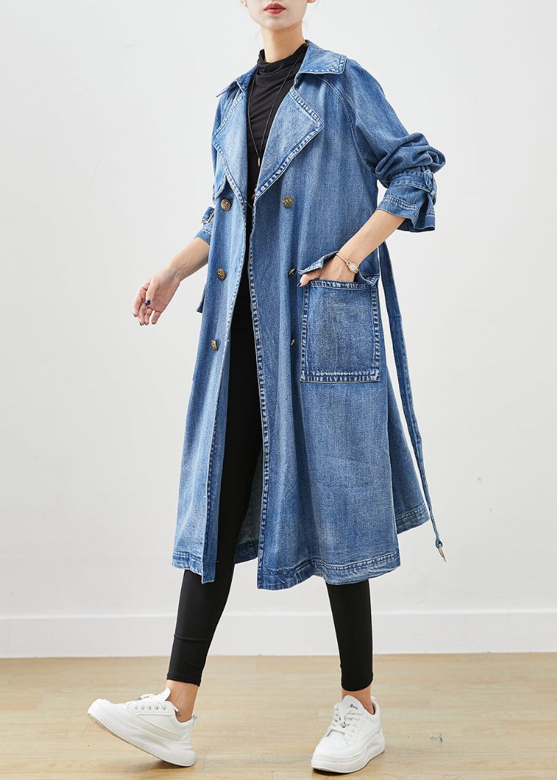 Fransk Blå Dobbelt Bryst Tie Talje Denim Trench Fall