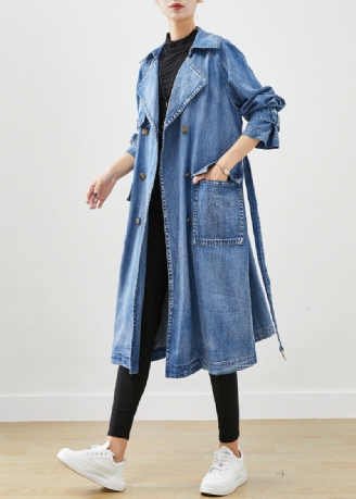 Fransk Blå Dobbelt Bryst Tie Talje Denim Trench Fall